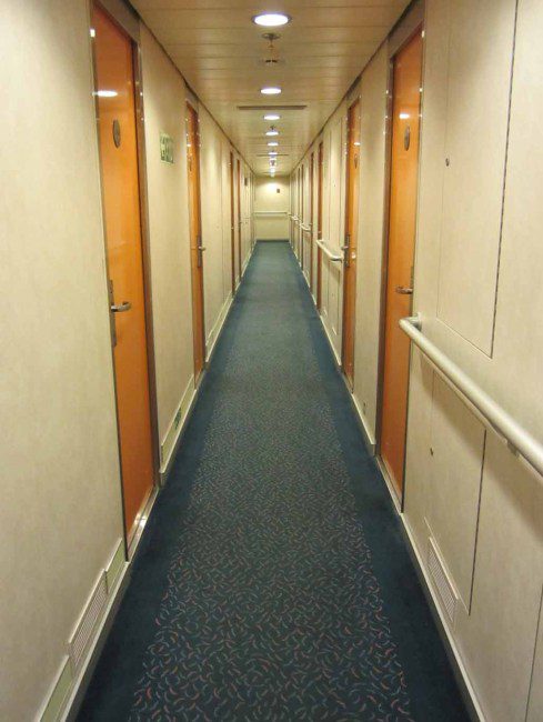 A hallway inside the Spirit of Tasmania ferry.