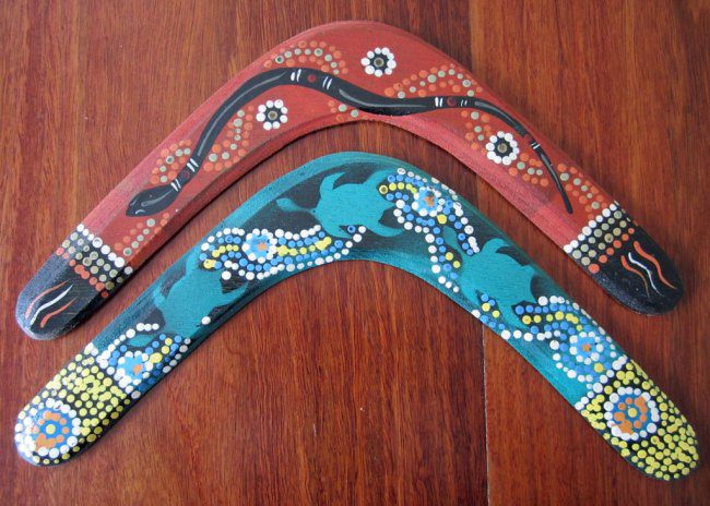 Boomerangs painted with Aboriginal art.