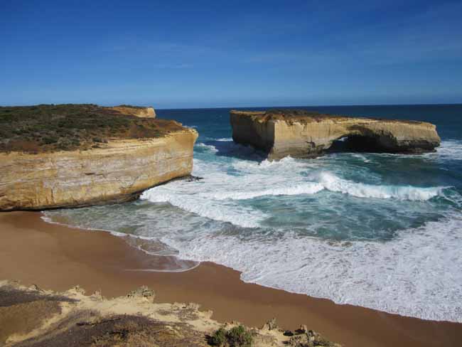Limestone stacks on the ocean.