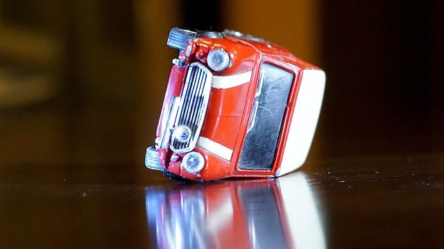 First car accident. Toy car accident.