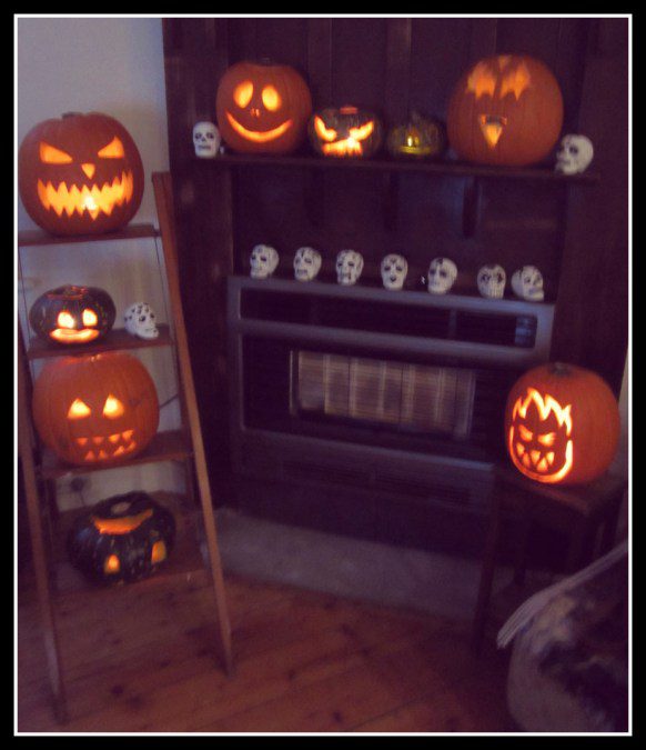 Carved Halloween pumpkins.