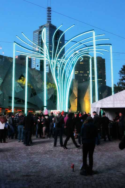 The Helix Tree at Federation Square for the Light in Winter celebration.