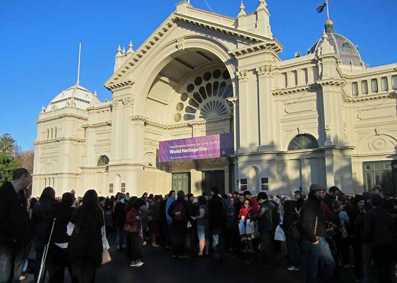 A crowd outside the Royal Exhibition Building.