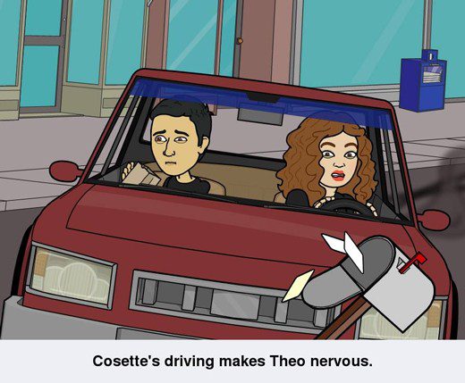 Cartoon of a man and woman in car.
