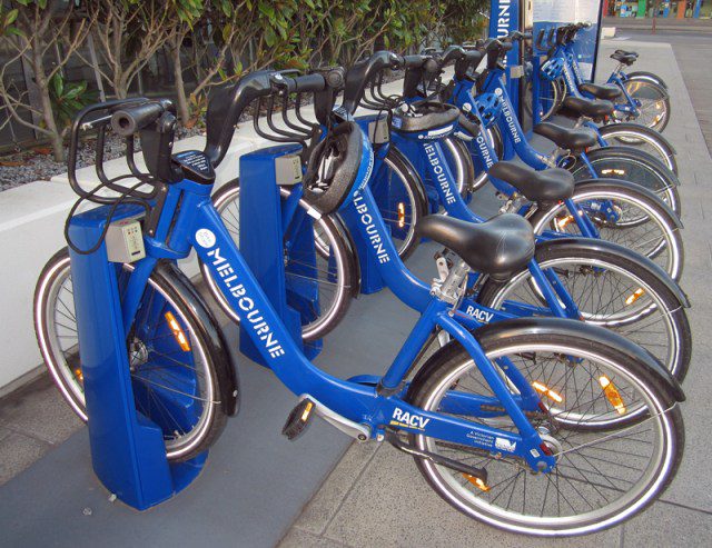 A rack full of bicycles.