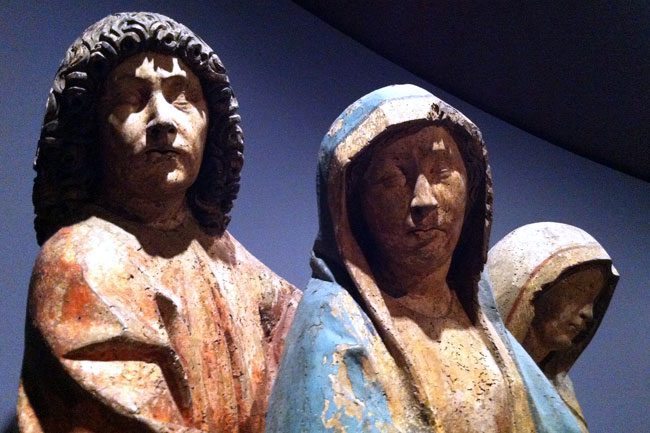 Mary, St John, and St Mary Magdalene, Germany, c. 1470, polychromed limewood.