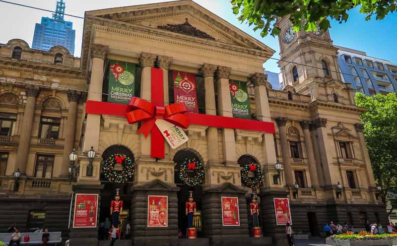 Melbourne Town Hall wrapped for Christmas.