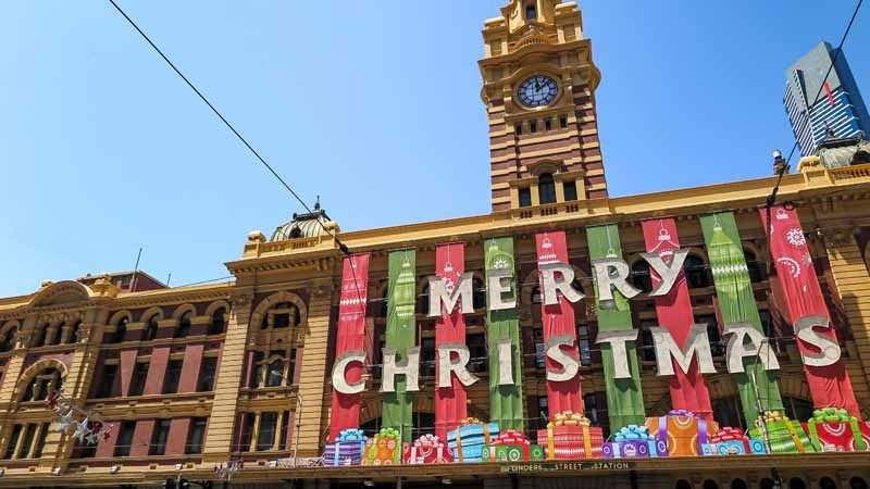 Train station decorated for Christmas.