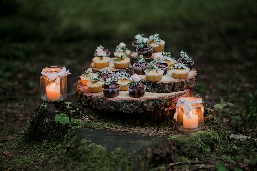 Cakes and candles left on a tree stump outside for Imbolc.