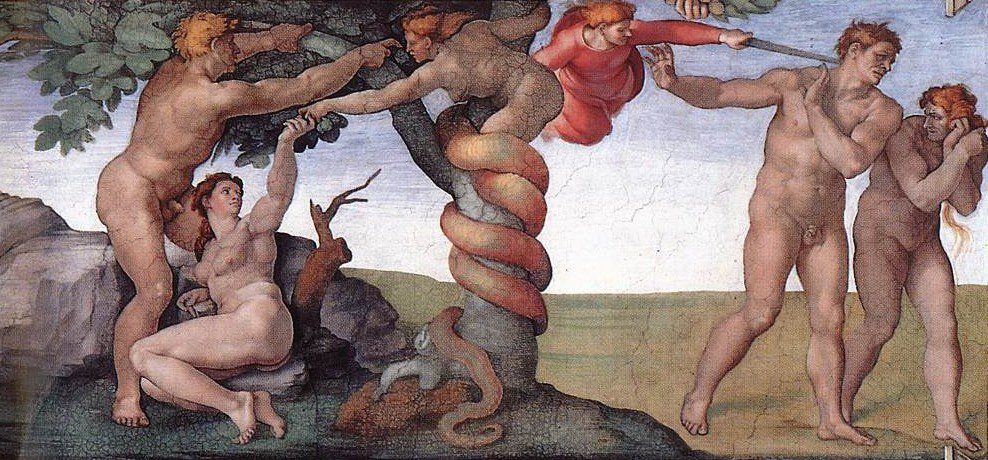 The Fall of Adam and Eve as depicted in the Sistine Chapel by Michelangelo.