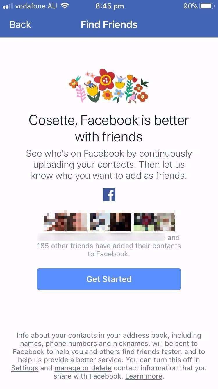 Facebook upload contacts on smartphone app.