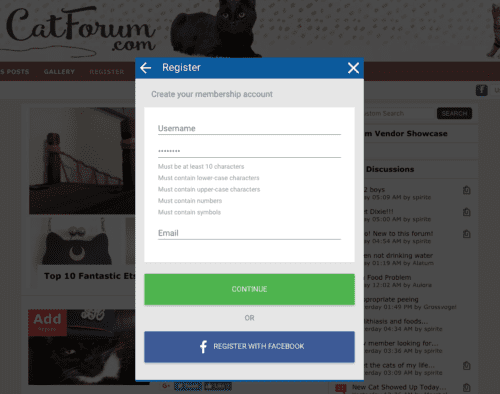 The registration form at catforum.com, which includes SSO using Facebook.