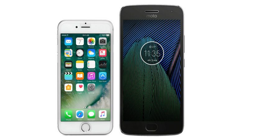 Apple iPhone 6 next to Moto G5S Plus.