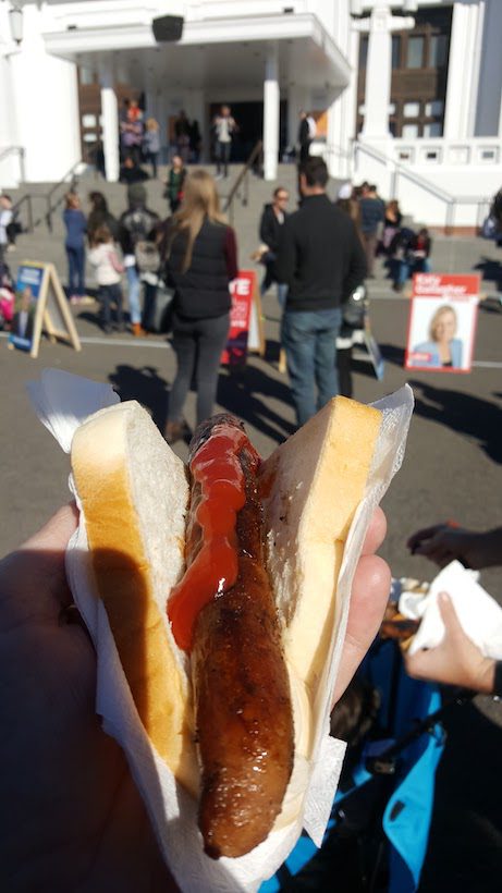 A democracy sausage eaten outside Old Parliament House during the 2016 Australian Federal Election.