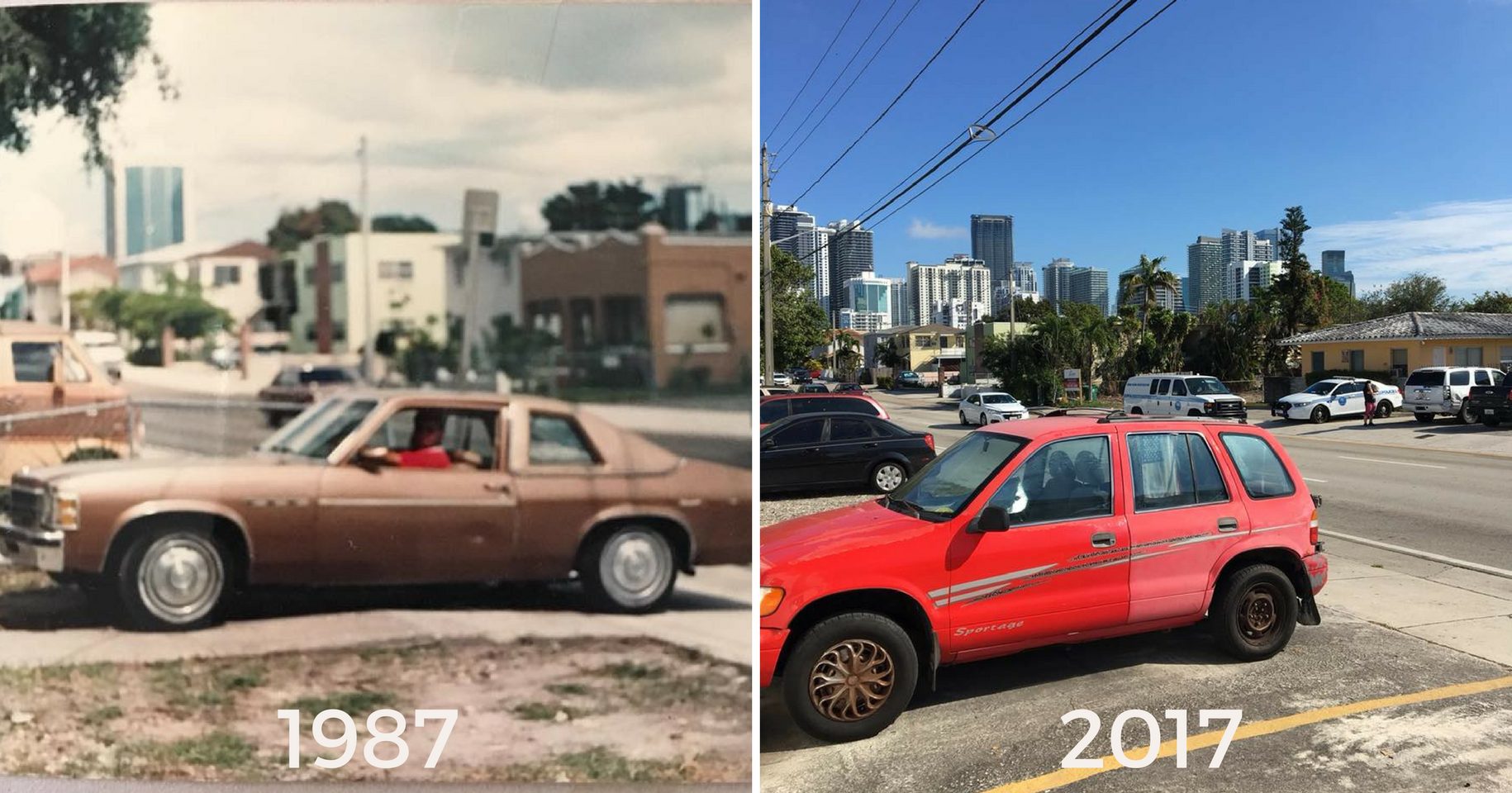 Taken in Little Havana, side by side images of the Brickell skyline in 1987 and 2017.