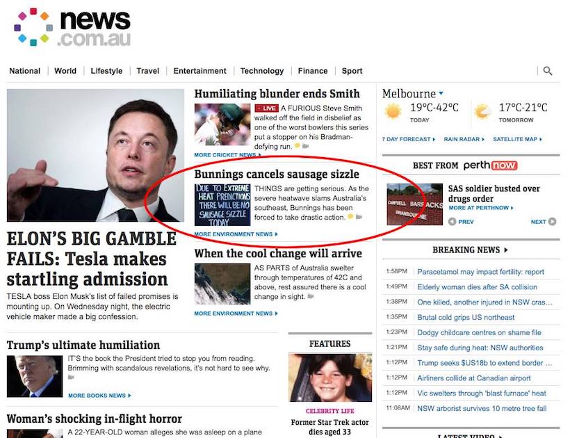The front page of news.com.au annoucing the cancellation of a Bunnings sausage sizzle because of the heat.