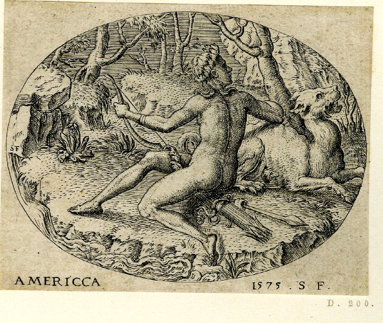 An engraving of America depicted as a nude woman with a bow and arrow accompanied by a wild animal from 1575.
