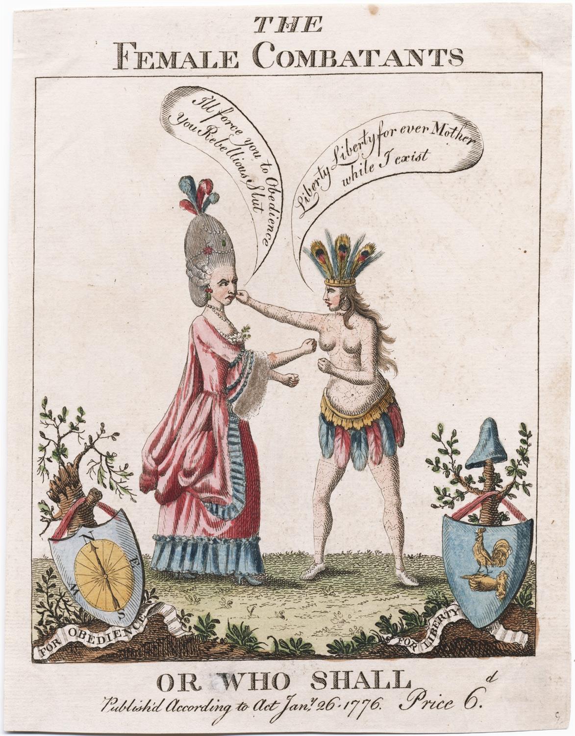 An etching from 1776 of two women representing England and America fighting.