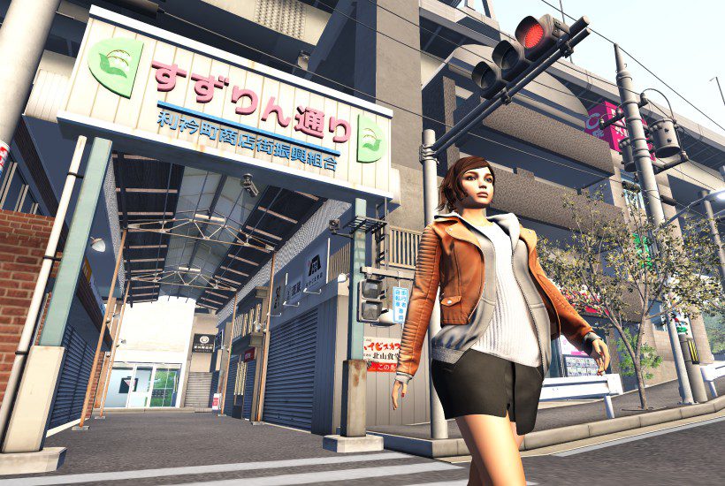 An avatar walking across the street in Second Life.