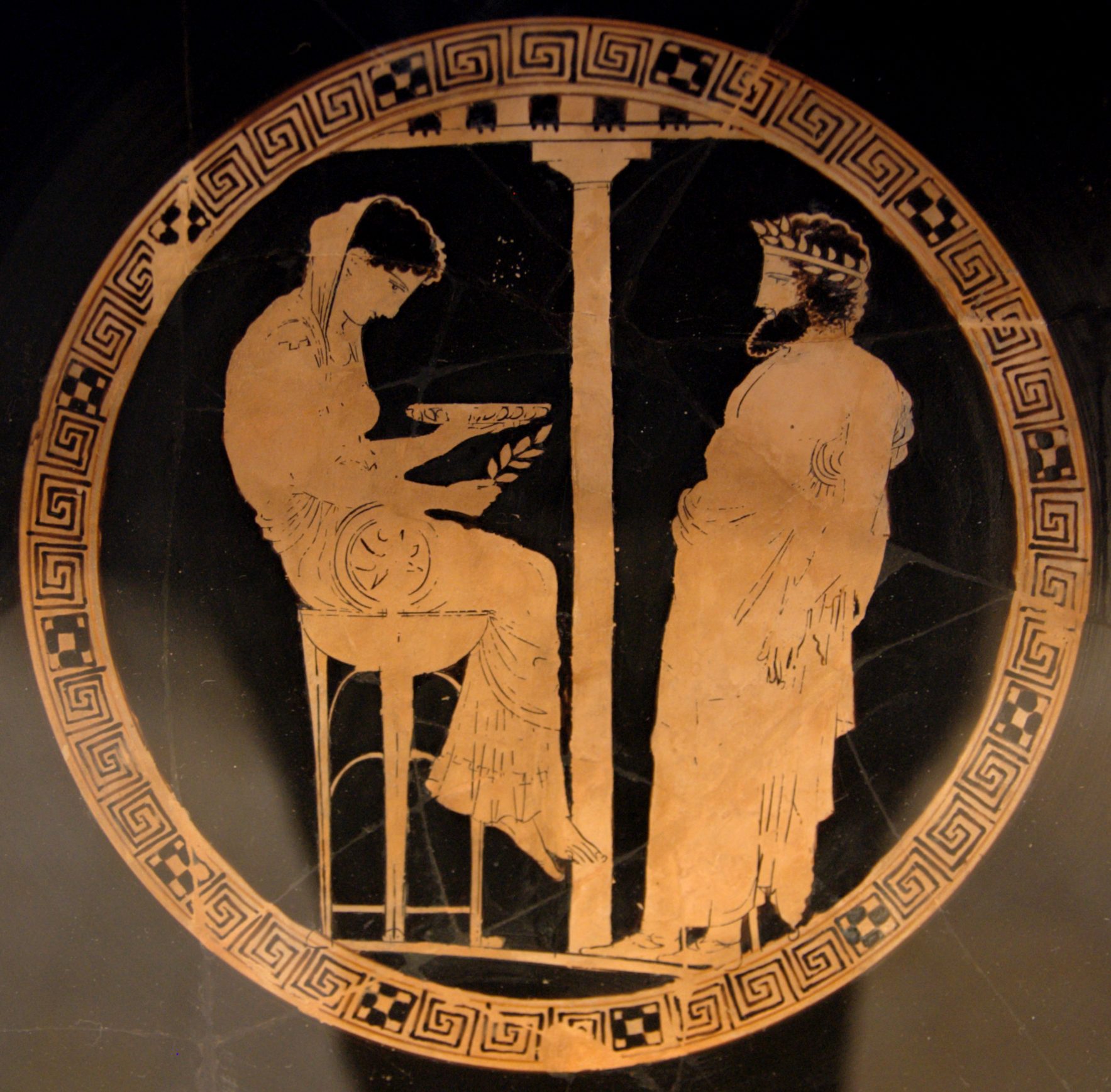 Themis and Aegeus. Attic red-figure kylix, 440–430 BCE, from the Antikensammlung collection, Altes Museum, Berlin, Germany.