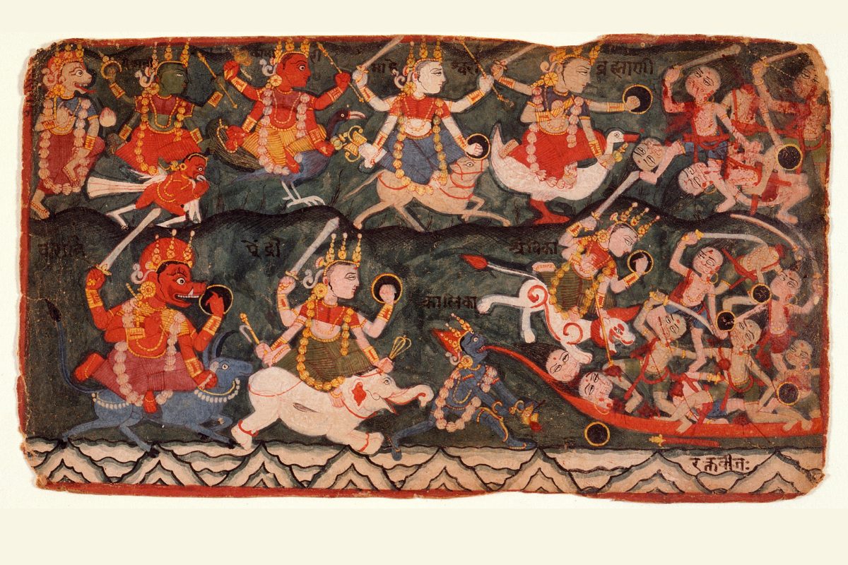 Nepalese painting of the goddesses fighting demons.