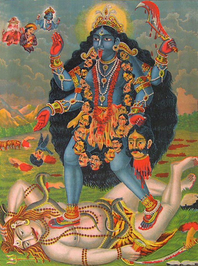 Kali standing over Shiva.