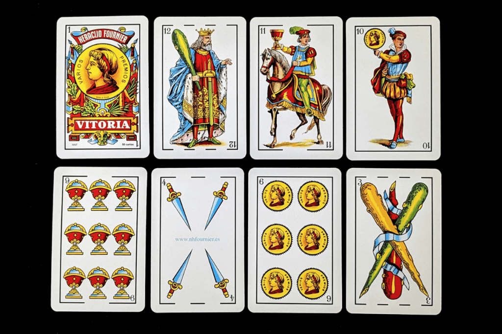 Spanish-suited playing cards.