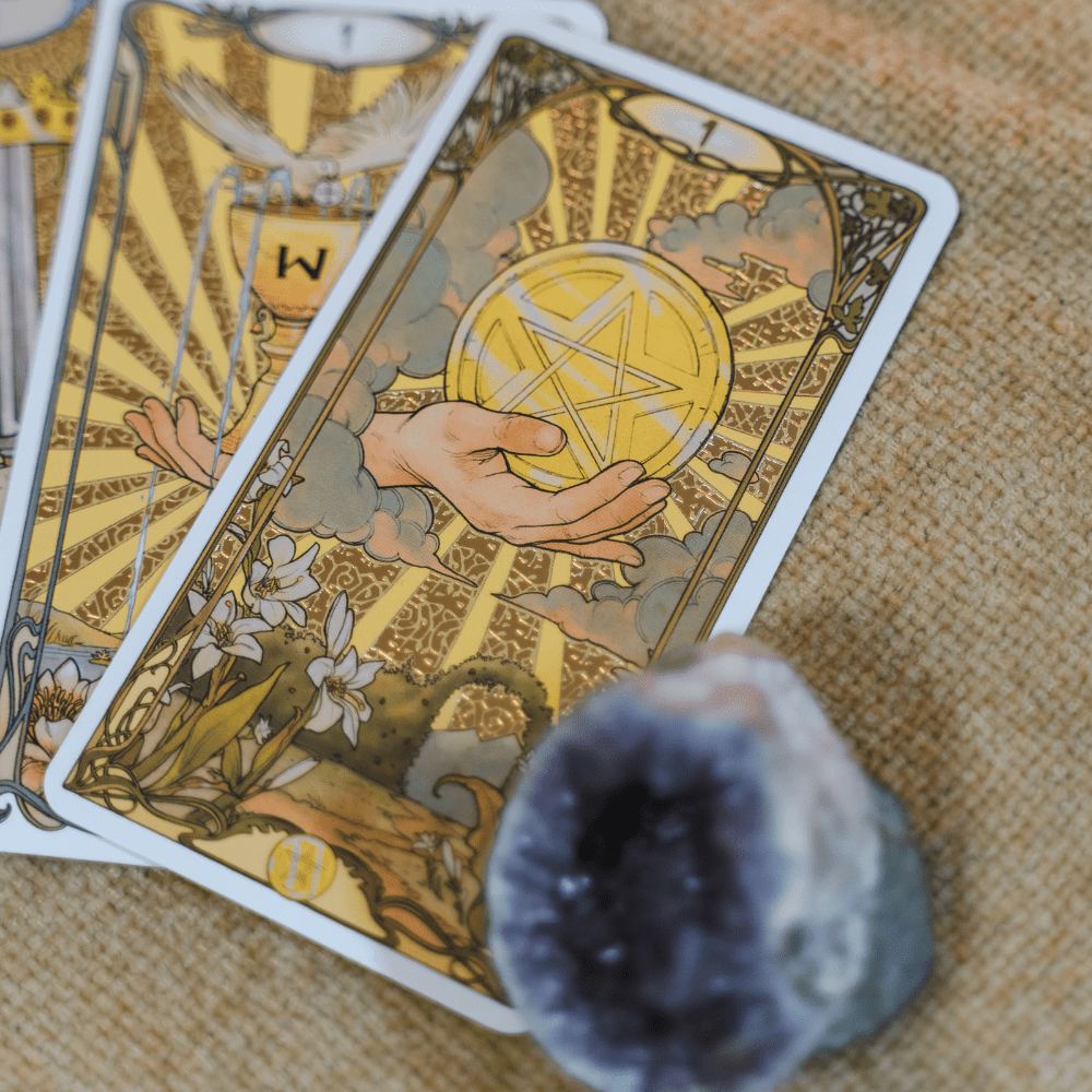 Tarot cards with a crystal.