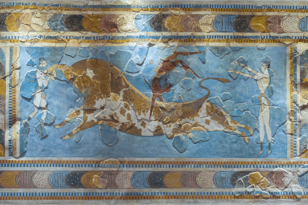 The Bull-Leaping Fresco from the Great Palace at Knossos, Crete.