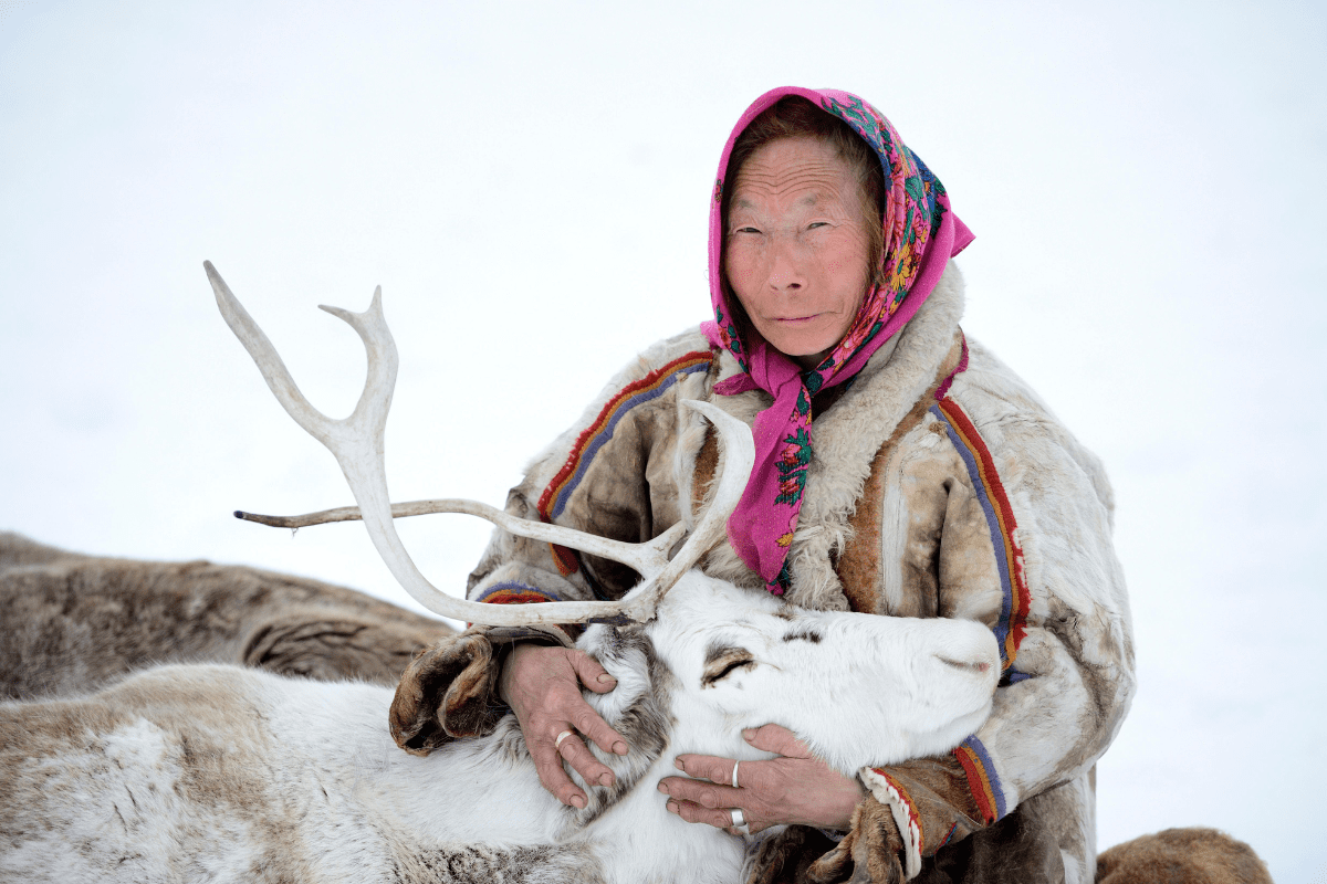 A tundra Nenets woman with her pet reindeer.