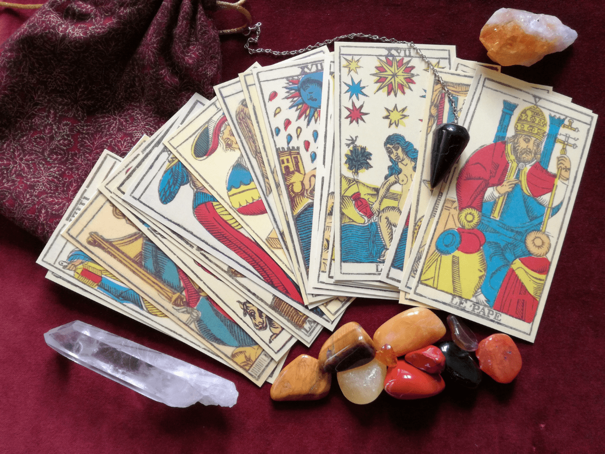 Marseille tarot cards and crystals