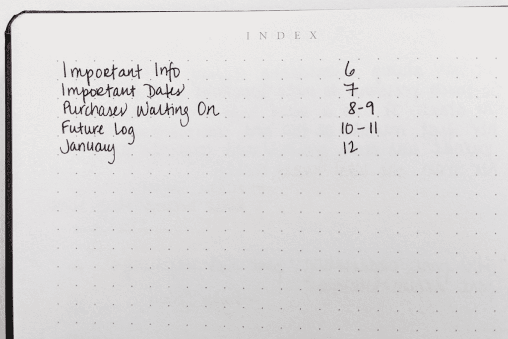 Bullet Journal index.