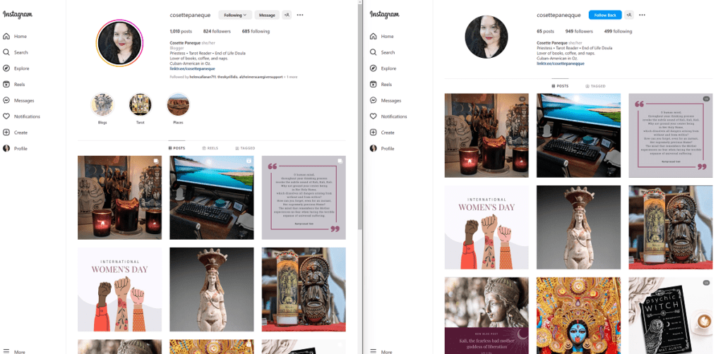 A side by side comparison of a real and a fake Instagram account.