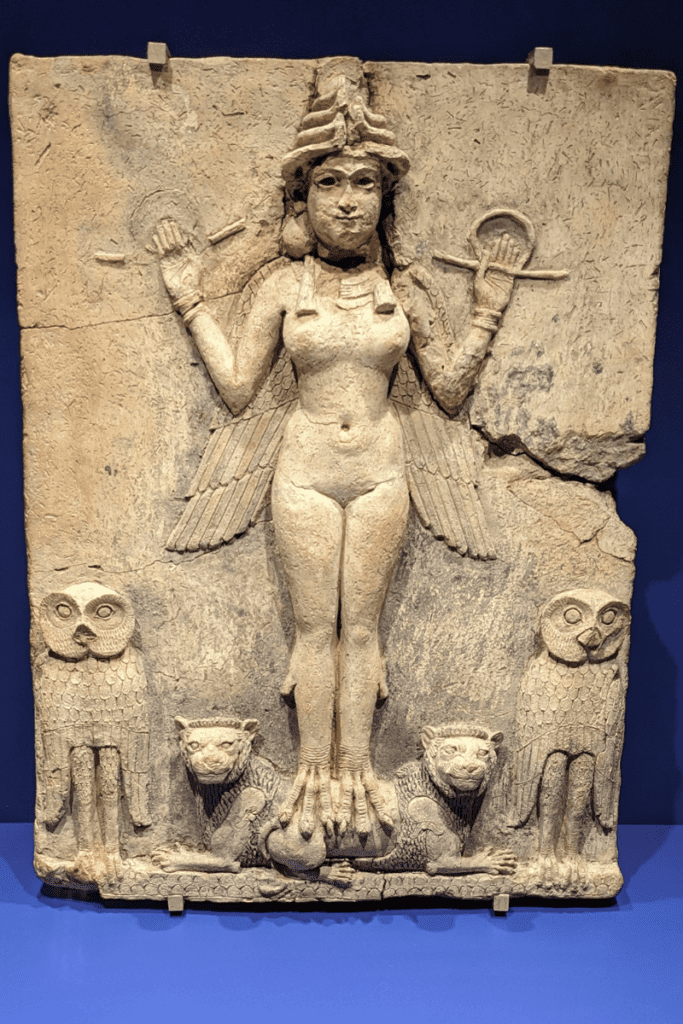 Queen of the Night, painted clay relief, Iraq, about 1750 BCE.