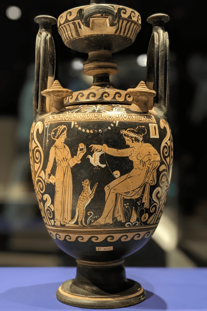 A wedding vase designed to hold water for a pre-wedding bath features Aphrodite. Campania, Italy, 340-320 BCE.