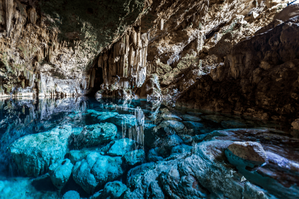 A cave with stalactites and water called Cueva de Saturno in Varadero, Cuba.