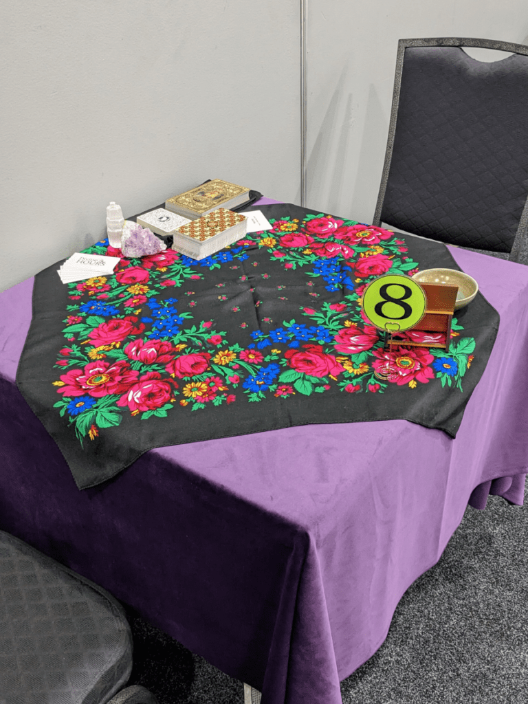 My tarot reader table at the MindBodySpirit Festival.