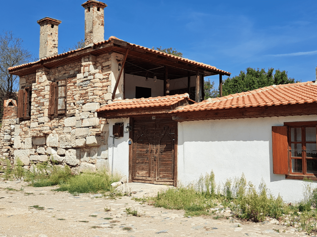 A stone building.