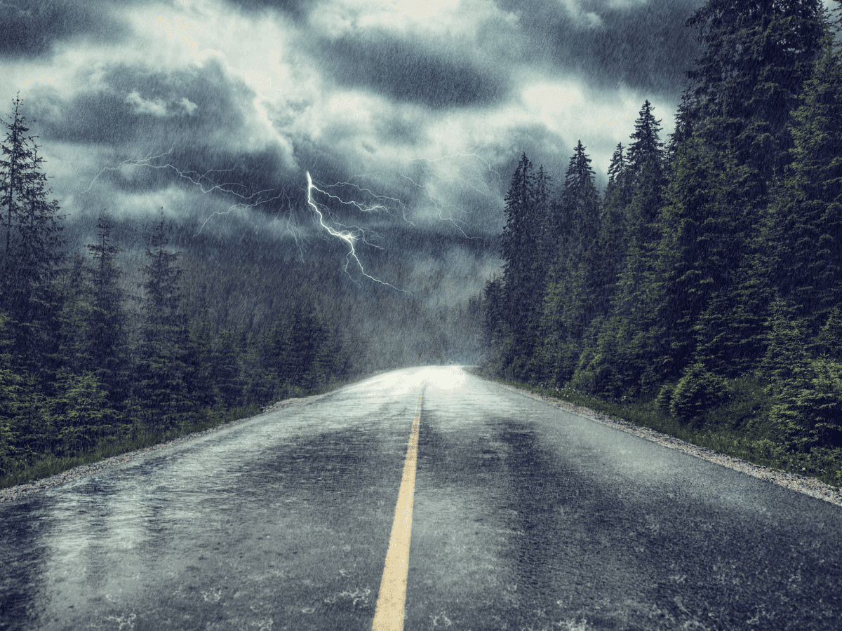 Storm with rain and lightning on the street