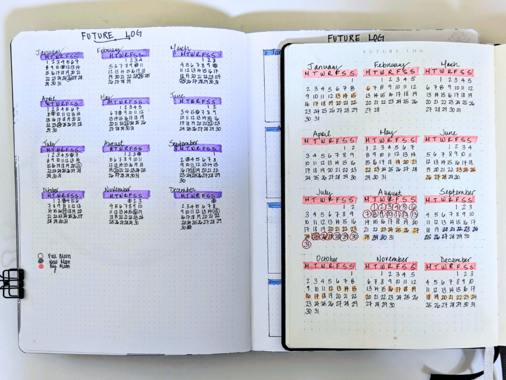 A page with an annual calendar on two journals of different sizes.
