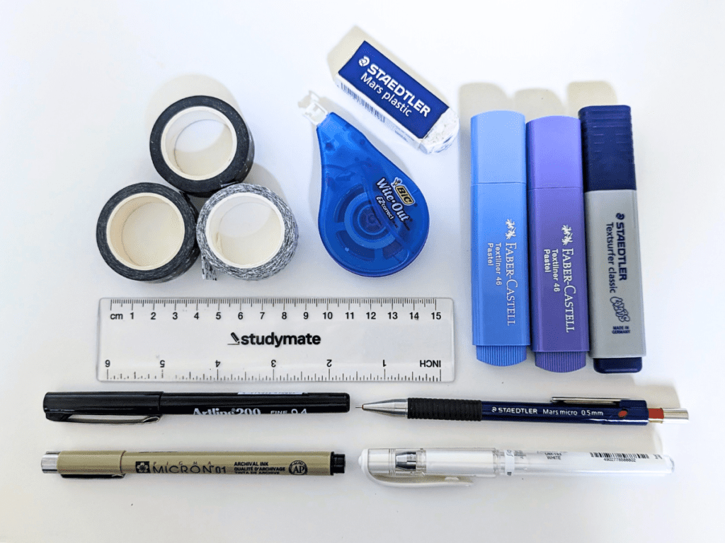 Pens, highlighters, and other supplies for Bullet Journalling.