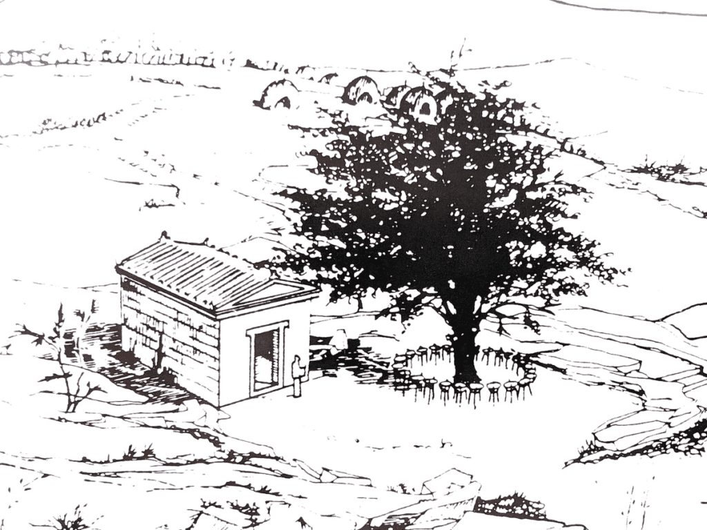 An illustraion of a small building with an oak tree surrounded by cauldrons.