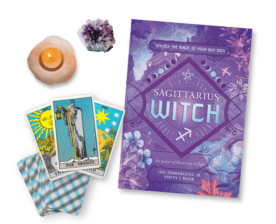 Tarot readings, tarot cards, Sagittarius Witch book, candle, crystal.