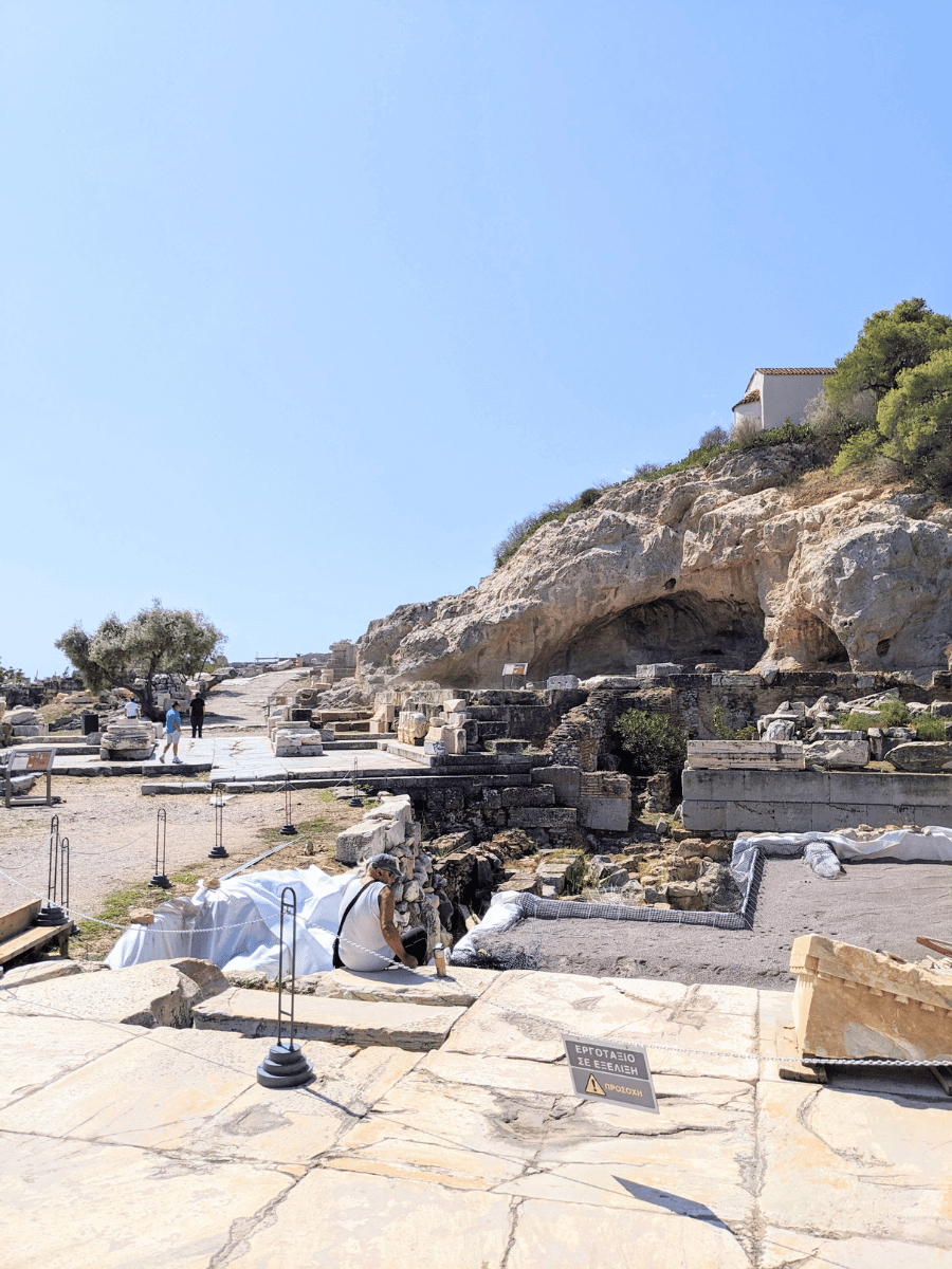 Workers at the archaeological site of Eleusis.