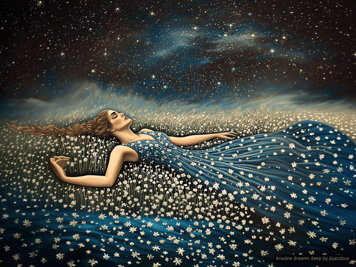 Ariadne asleep on a bed of flowers under a starry night sky.