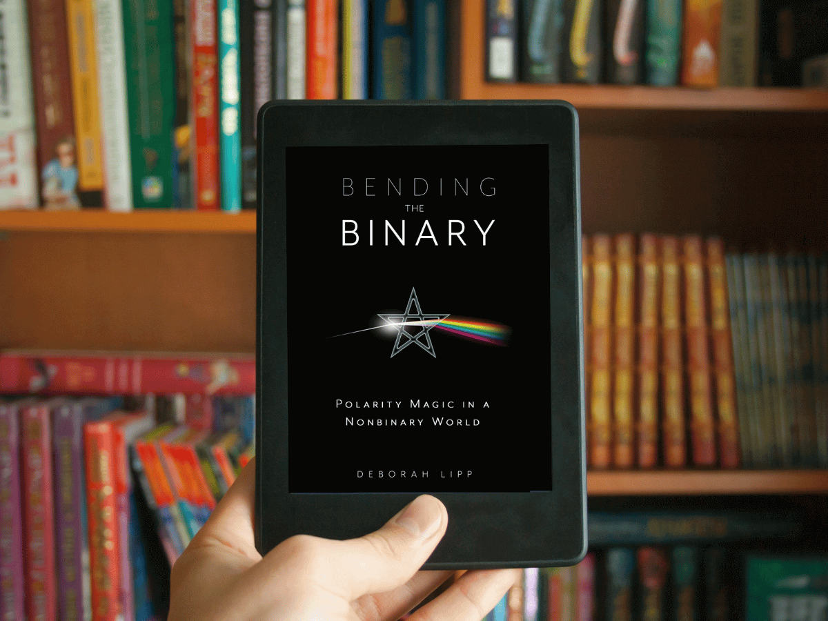 Holding up an e-reader with 'Bending the Binary'.