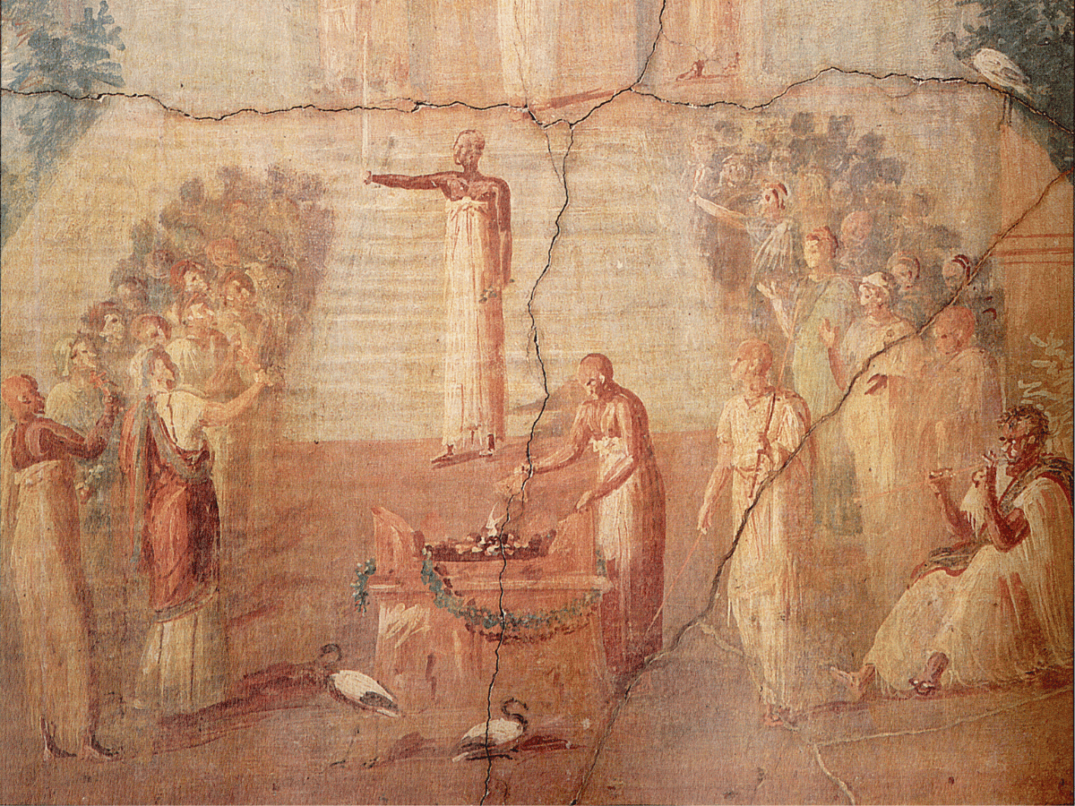 Fresco of an Isiac gathering with various figures priestessing for the goddess.