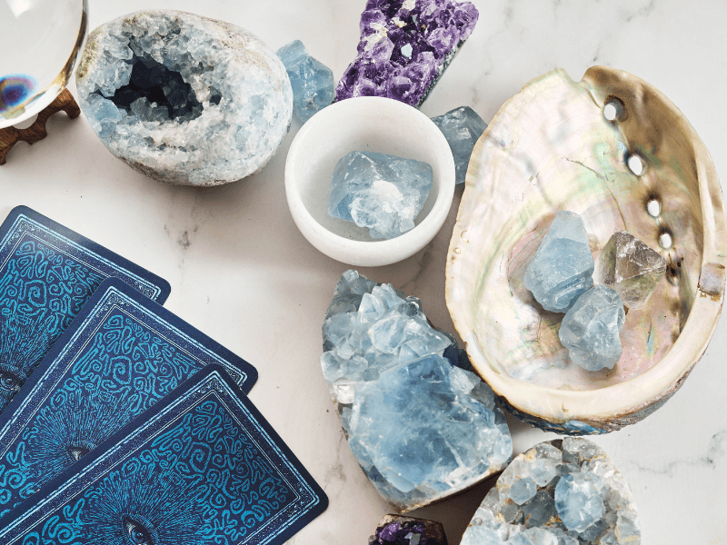 Tarot cards and crystals.