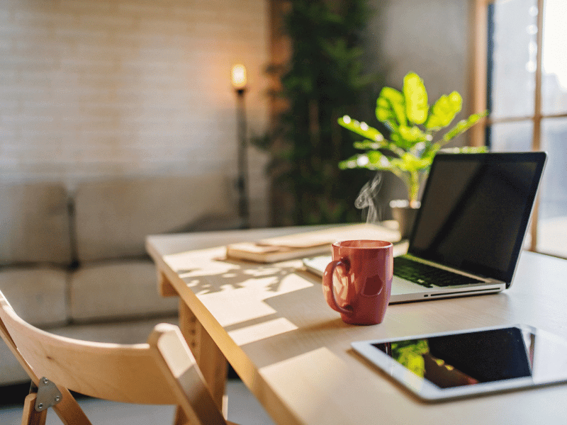 A clean workspace with laptop, plant, cup of coffee.