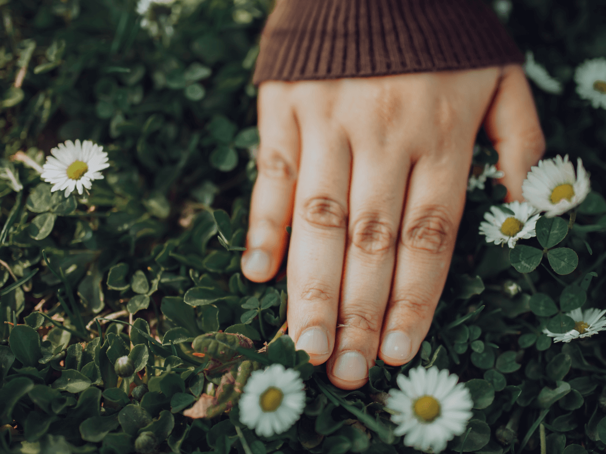 Hand touching ground with flowers for grounding.
